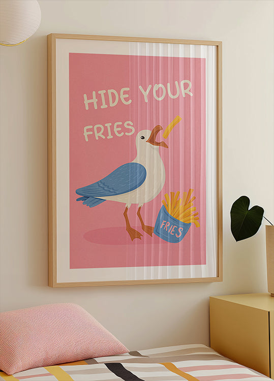 Möwe mit Pommes Frites, humorvolles Illustrationsposter