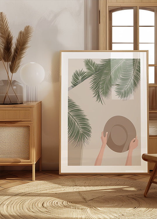 Genießen Sie den Moment 1, Poster mit tropischen Palmen und Sommerhüten