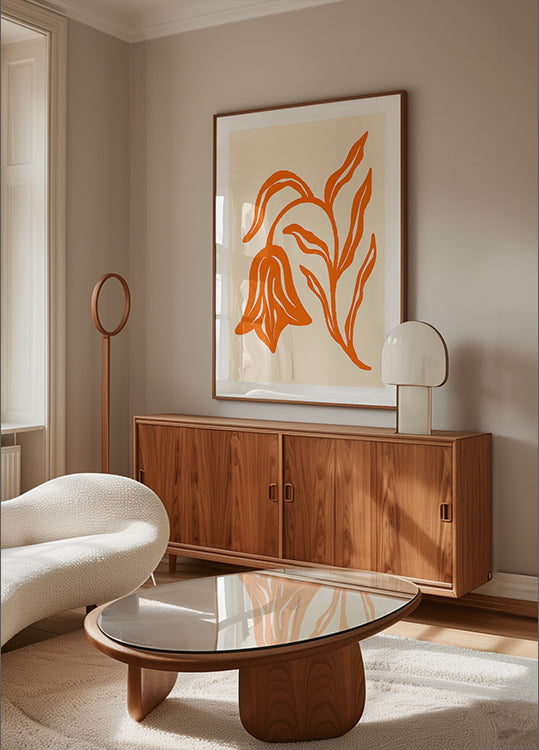 Stilisiertes Poster mit orangefarbenen Tulpen und Blättern