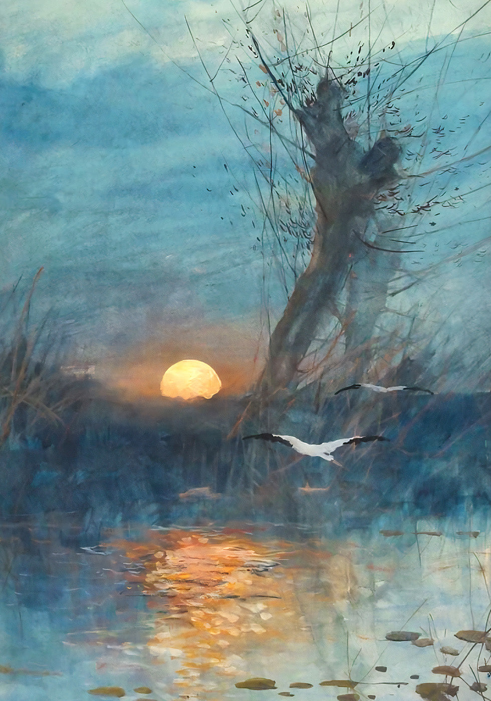 Sunset Over The Pond With Storks Plakat - Posterbox.dk