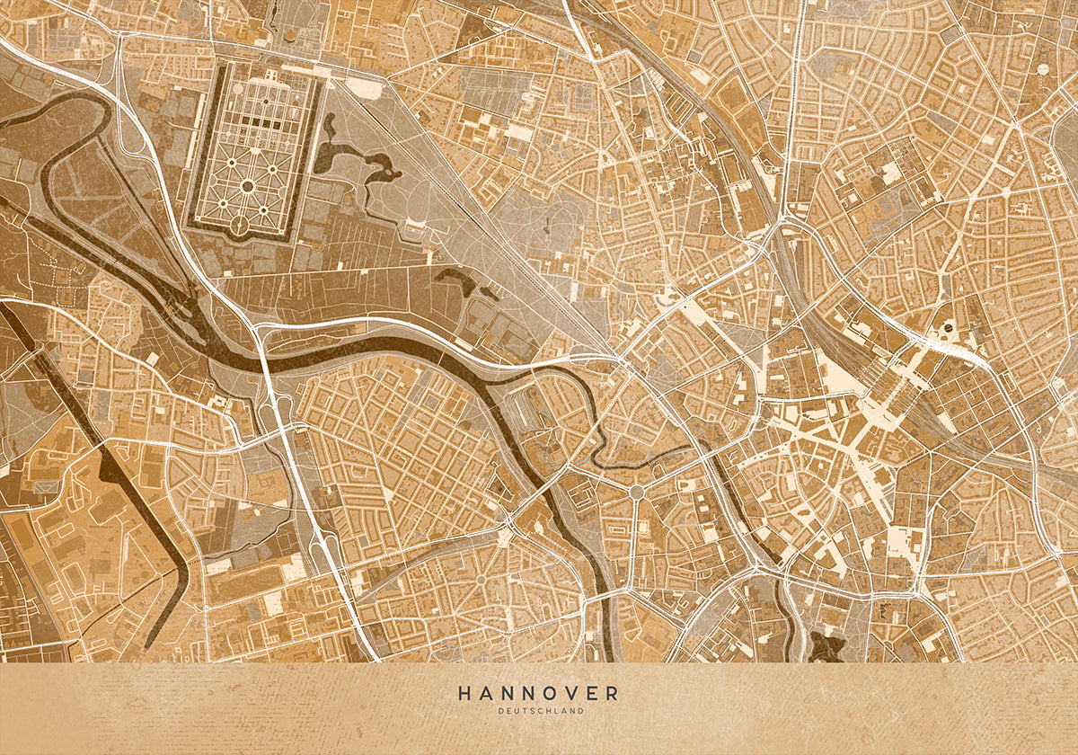 Sepia-Vintage-Karte der Innenstadt von Hannover (NEU)