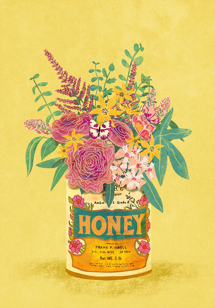 Blumen in einer Vintage-Honigdose