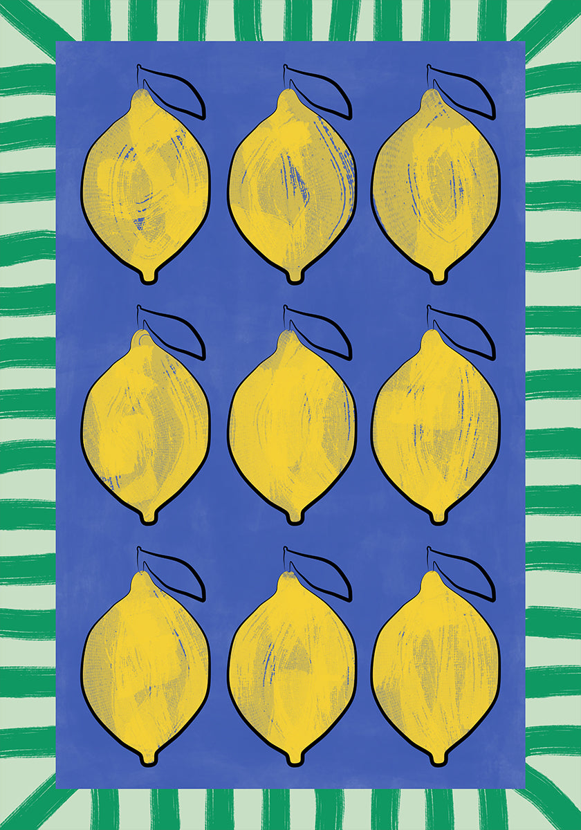 Lebendige gelbe Zitronen auf einem tiefblauen Poster