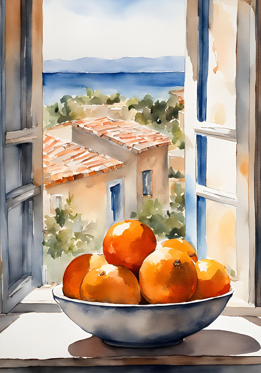 Poster mit orangefarbener Schale im Fenster
