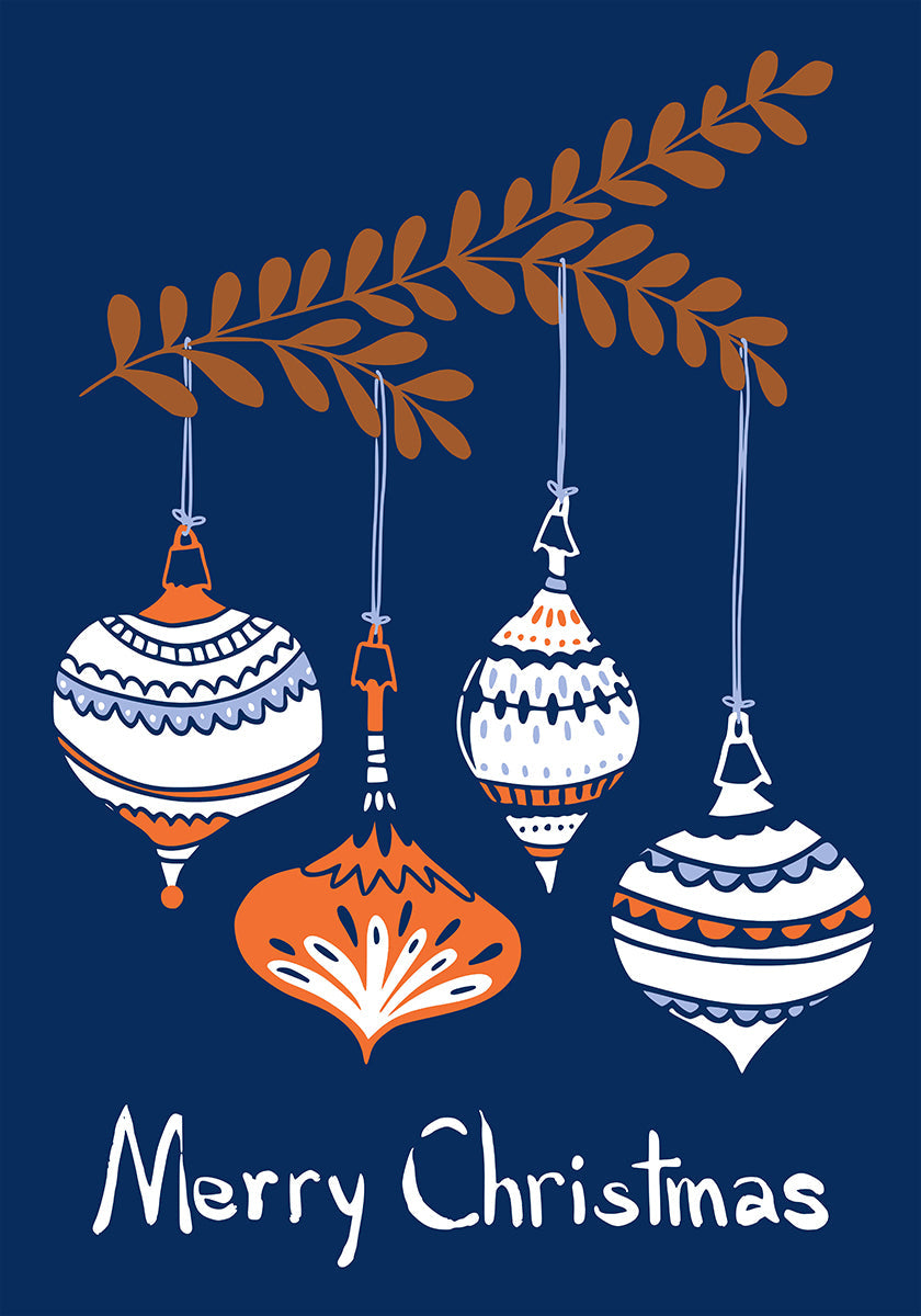 Fröhliche kleine Weihnachtskugeln, blaues Poster