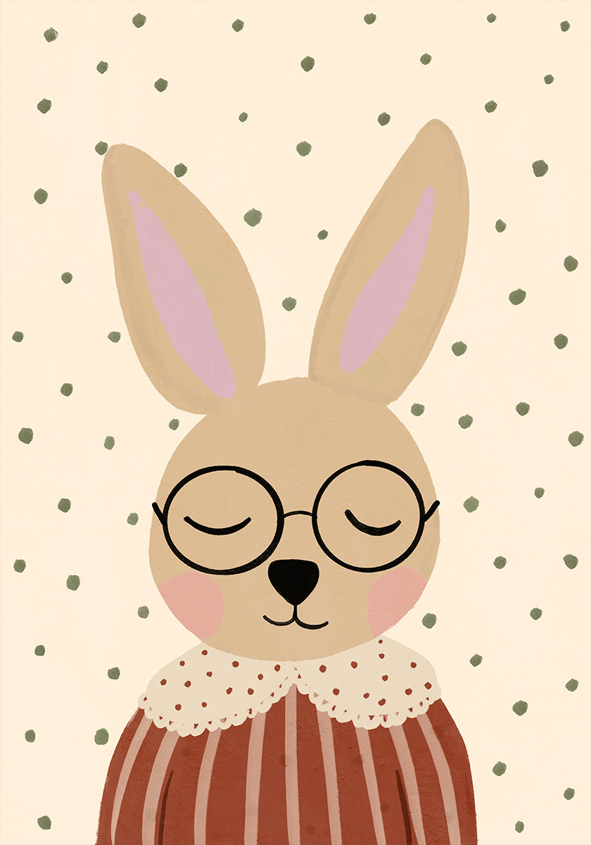 Ein Cartoon-Kaninchen mit Brille und rot-weiß gestreiftem Hemd, mit geschlossenen Augen und scheinbar entspanntem oder schlafendem Zustand.