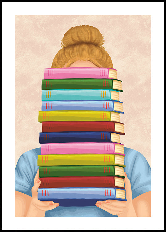 Girl With Stack of Books Poster, Pastel Book Lover Wall Art, Cute Reading Illustration Print for Library or Study Room - Posterbox