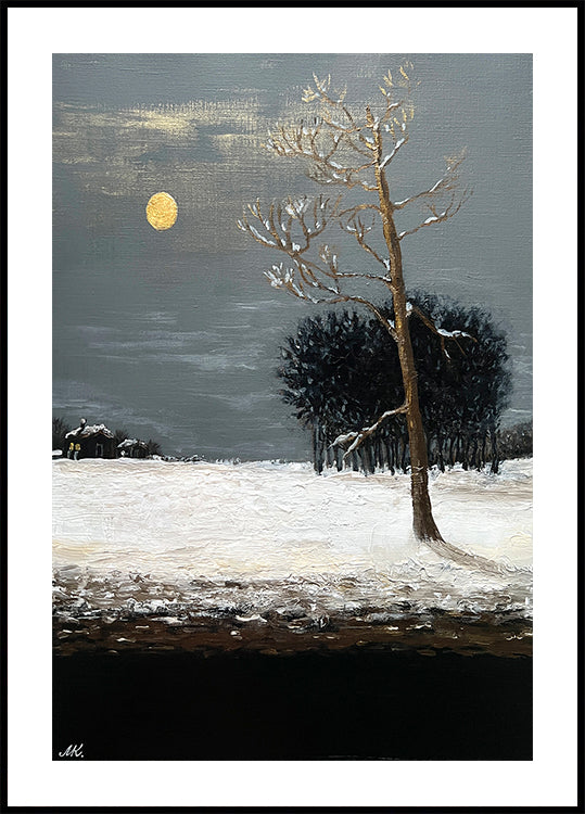 On the Outskirts of a Snowy Evening Forest Painting – Moonlit Winter Landscape Art for Home, Office or Gift Interior Plakat