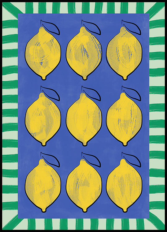 Lebendige gelbe Zitronen auf einem tiefblauen Poster