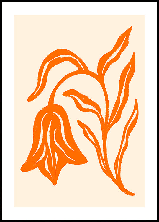 Stilisiertes Poster mit orangefarbenen Tulpen und Blättern