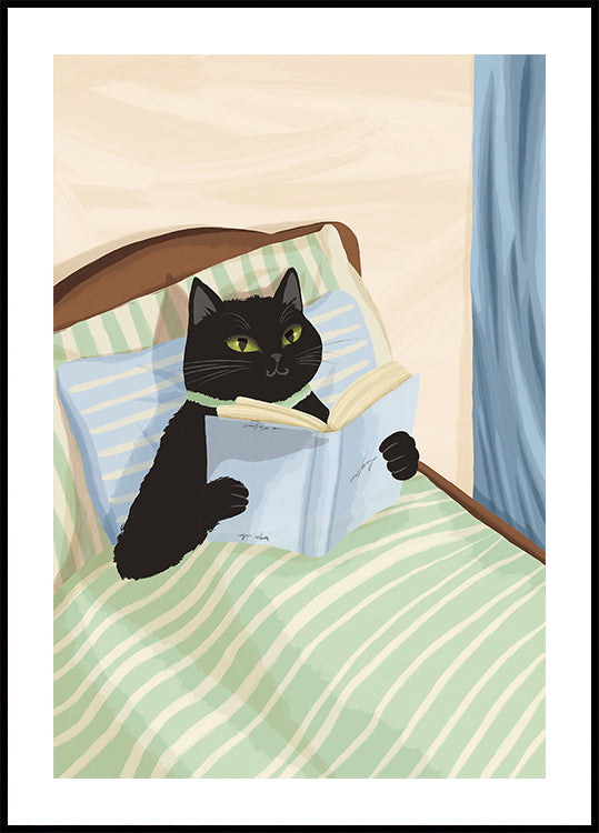 Cat Reading Print – Black Cat Wall Art, Cosy Bedroom Plakat, Book Lover Cat Illustration, Cat in Bed Print, Reading Decor, Cat Book Art Plakat - Posterbox