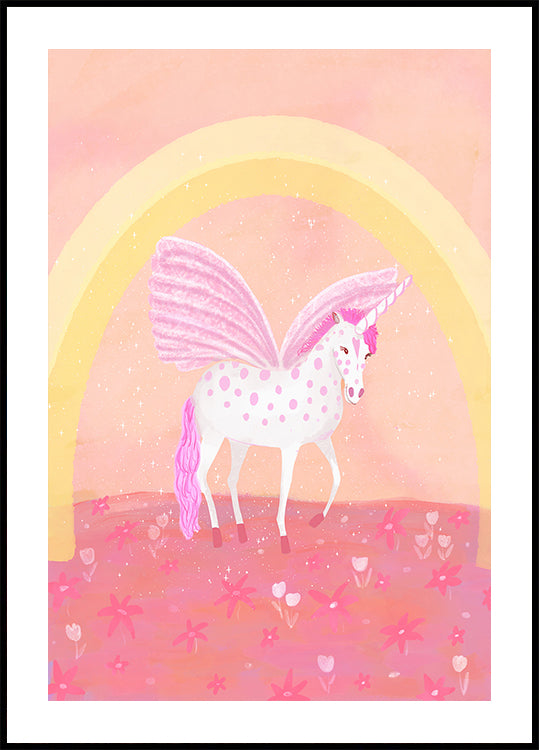 Ein weißes Einhorn mit rosa Flecken steht auf einem Feld aus rosa Blumen, dahinter wölbt sich ein Regenbogen.