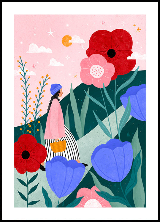 Woman Walking in Flower Garden Plakat - Posterbox