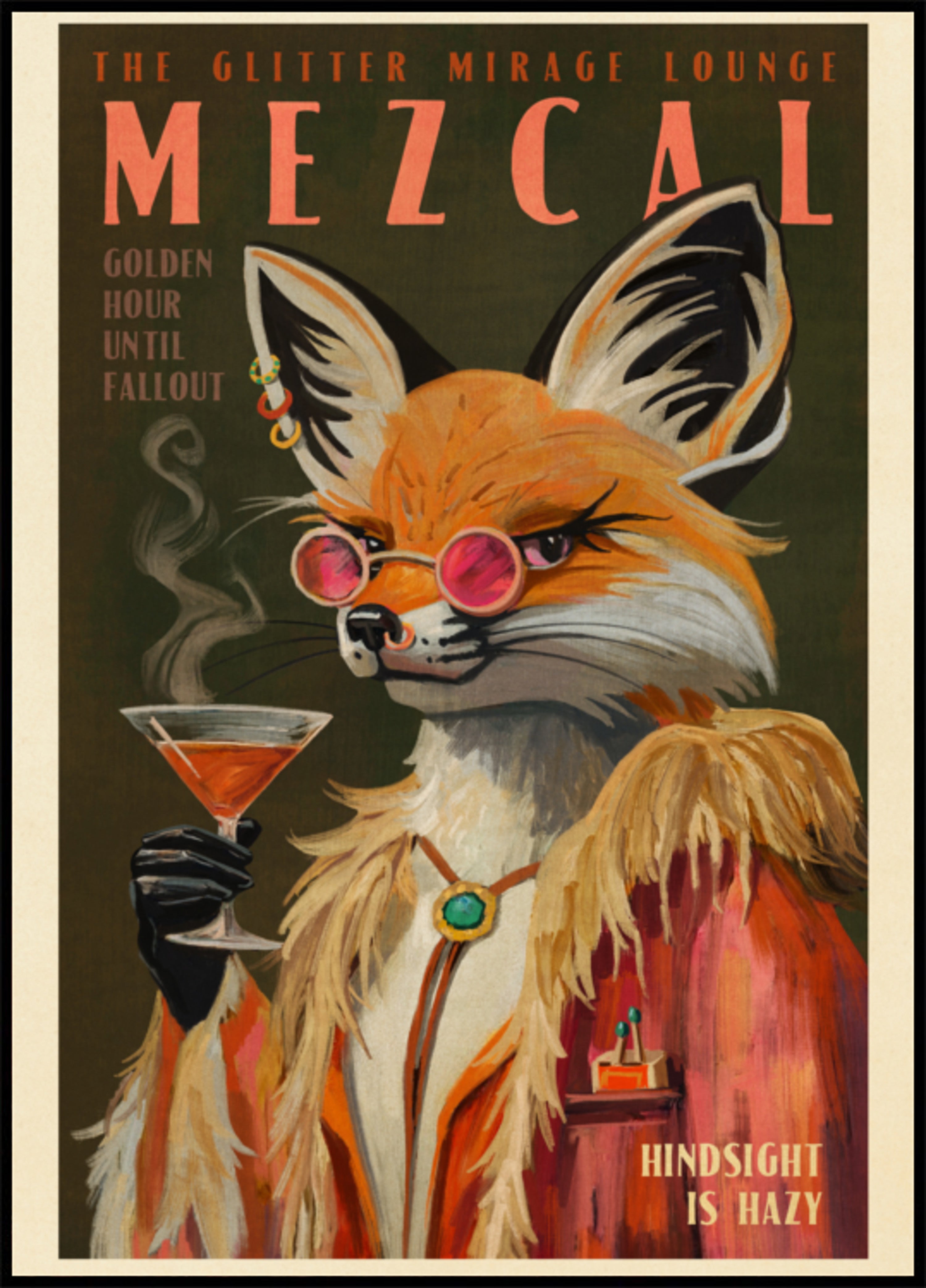 Mezcal-Fuchs-Druck. Vintage-Alkohol-Poster und Cocktail-Dekoration