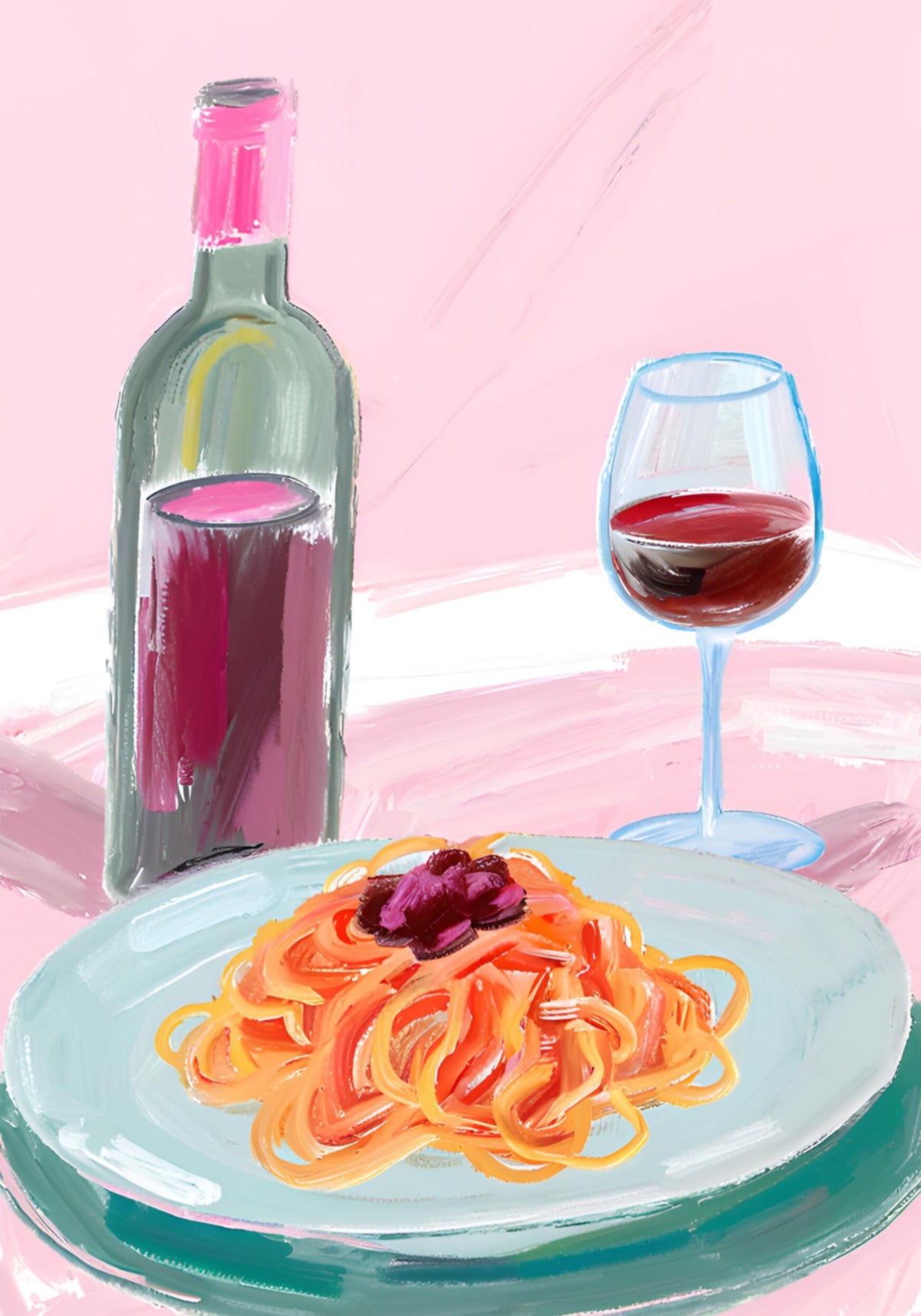 Spaghetti und Rotwein