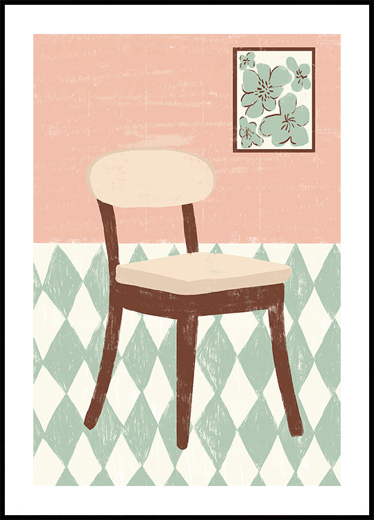 Eine einfache Illustration eines Stuhls mit einem Blumenmuster an der Wand dahinter.
