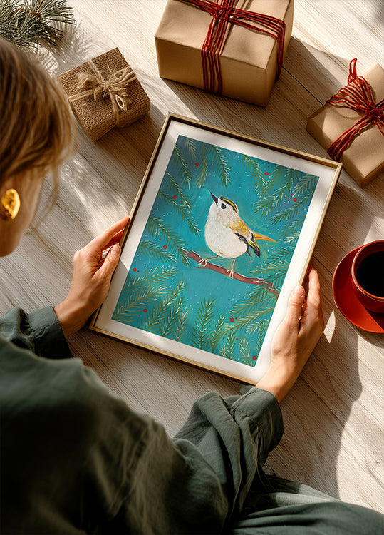 Goldcrest bird sitting in a tree Plakat