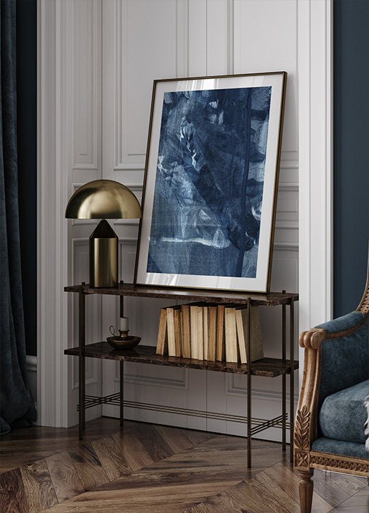 Poster mit fließenden vertikalen Linien mit blauer Textur