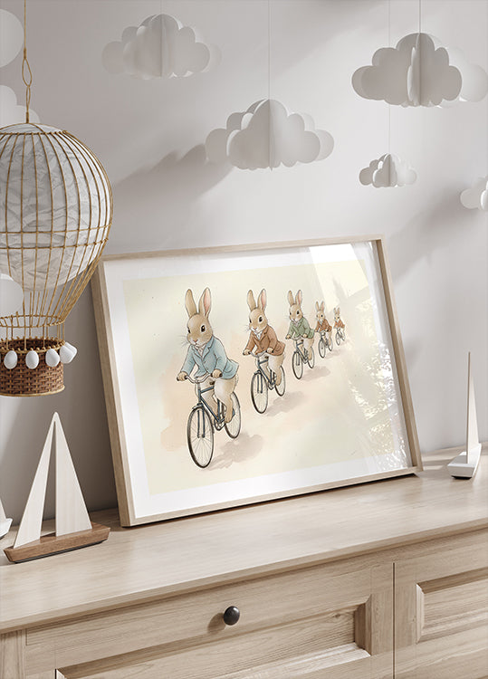 Hasenfreunde auf Fahrrädern Poster