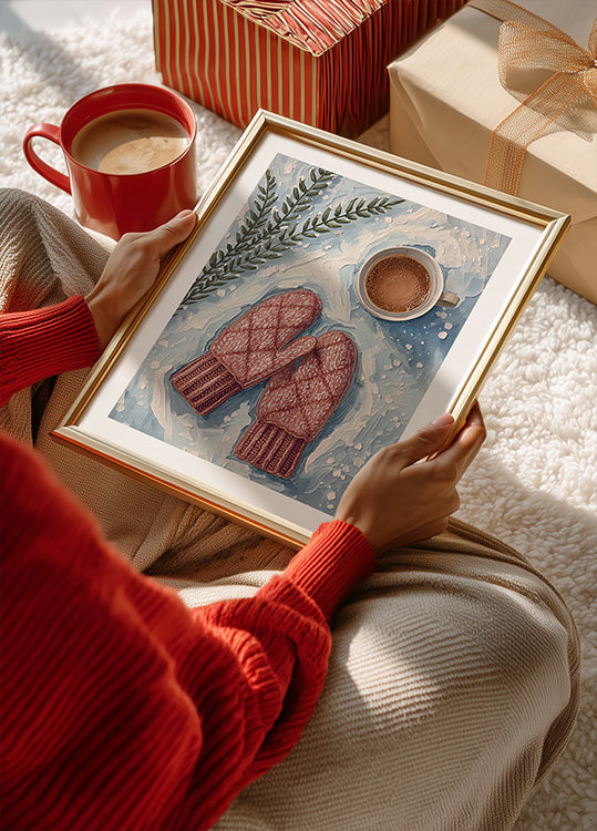 Handschuhe im Schnee mit Kakao Poster