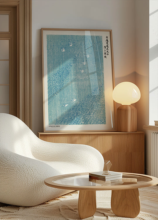 Blaues Poster mit Holzschnittdruck