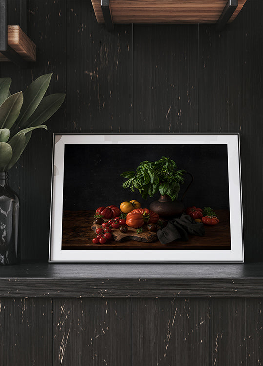 Stillleben mit Tomaten und Basilikum Poster