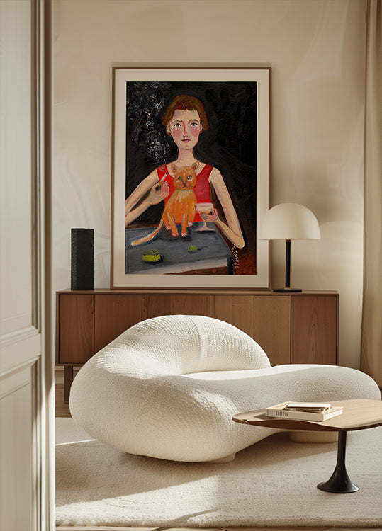 Poster mit Vintage-Frau mit Cocktail und Katze