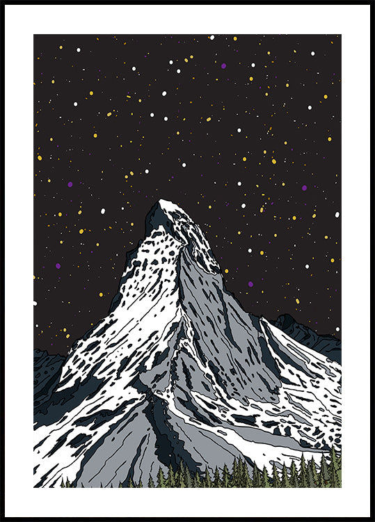 Snowy Mountain Under a Starry Night Sky Plakat - Posterbox