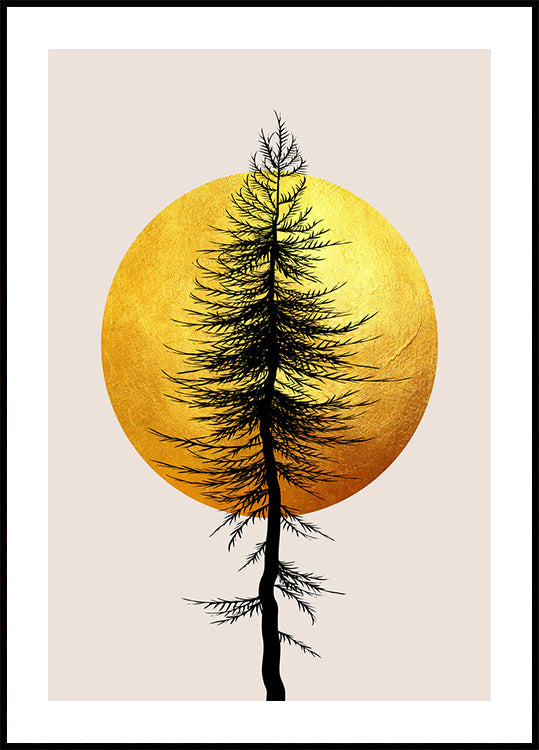 Golden Sun & Tree Silhouette Plakat - Posterbox.dk