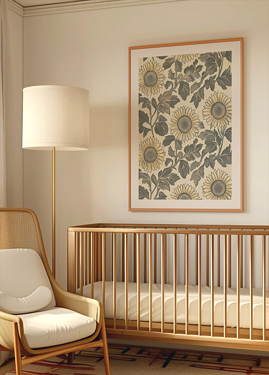 Sunflower Botanical Vintage Pattern Cream Plakat - Posterbox.dk