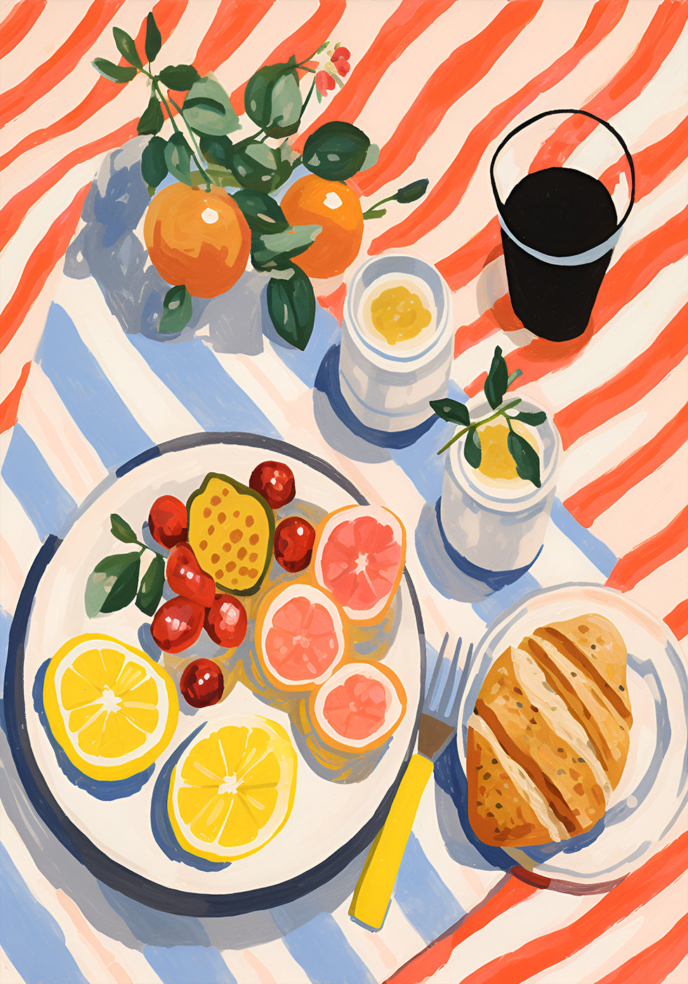 Sunny Breakfast, citrus and croissant art Plakat - Posterbox.dk