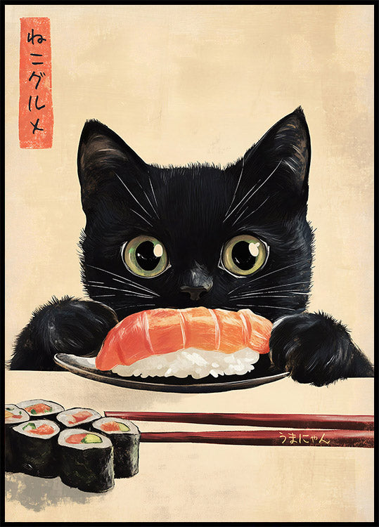 Sushi Lover Cat, Japanese-Inspired Feline Art Plakat - Posterbox.dk