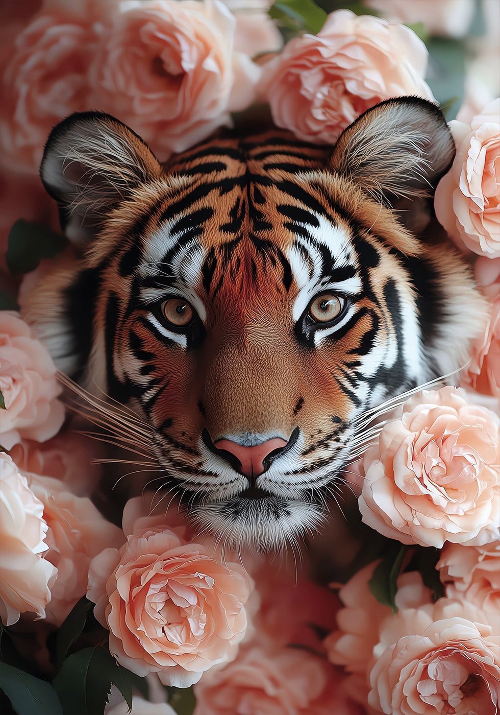 Tiger Among Peach Roses Plakat - Posterbox.dk