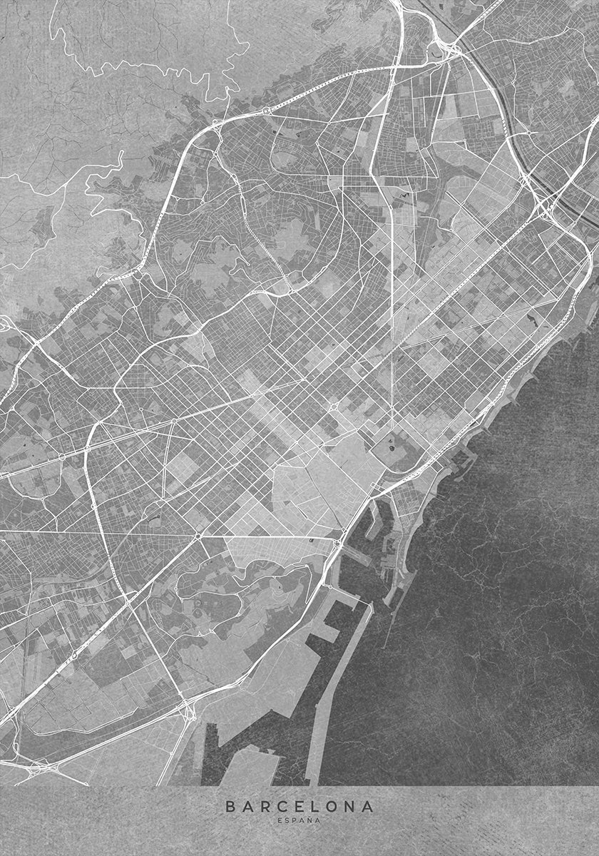 Map of Barcelona (Spain) in gray vintage style (NEW) - Posterbox