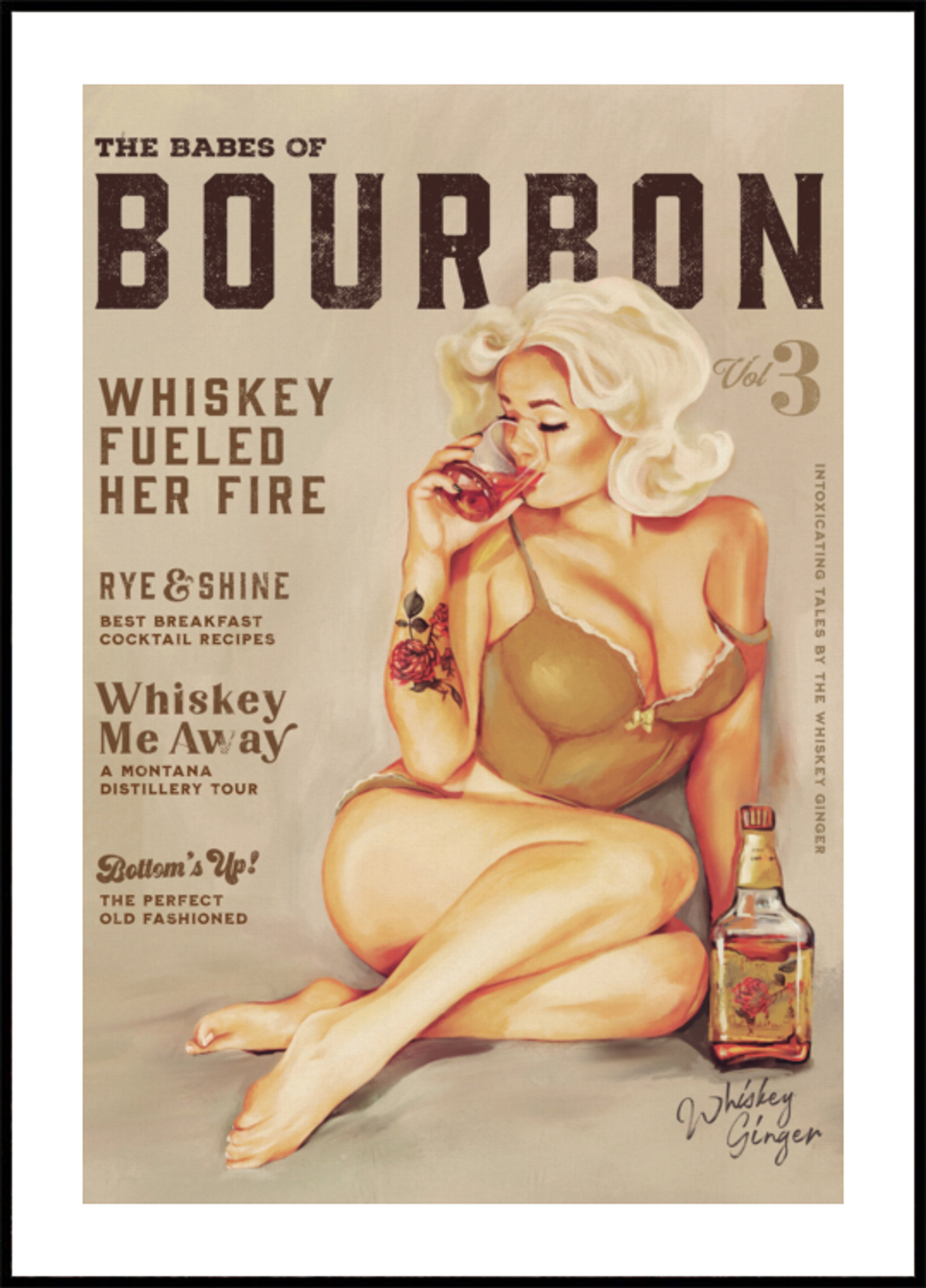 Bourbon-Wandkunst. Sexy Vintage Pin-Up-Girl, das Whiskey trinkt