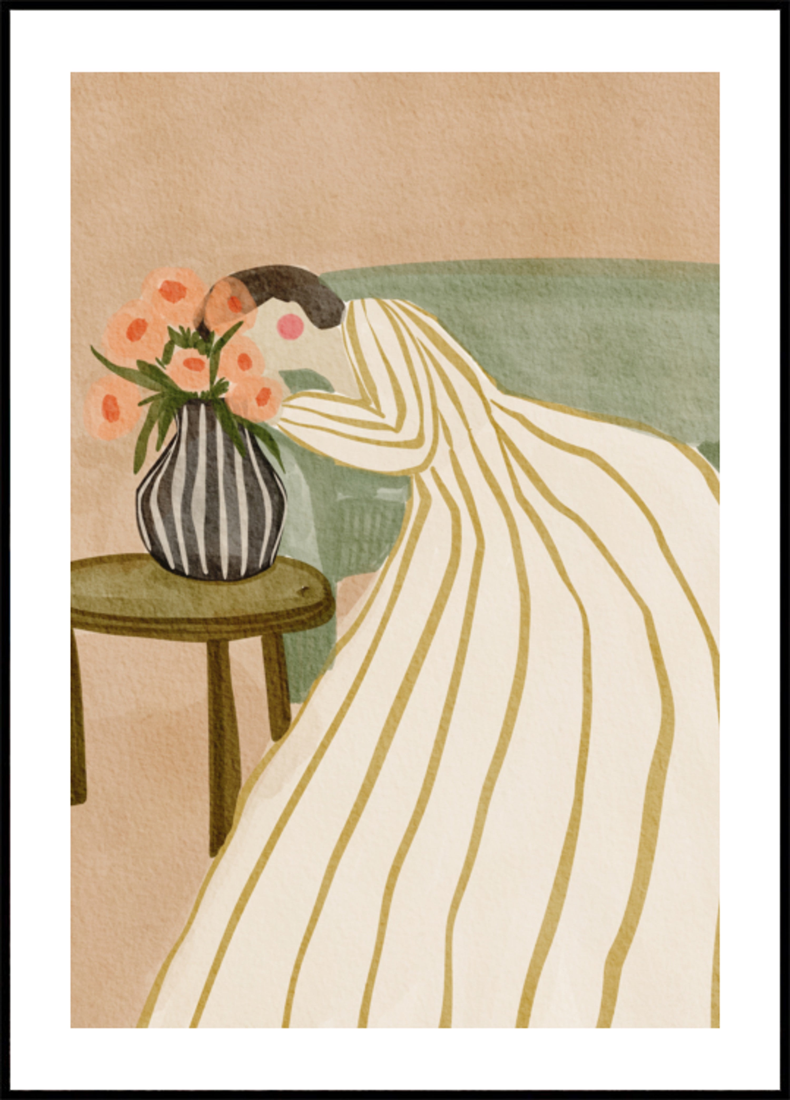 Frau, die Blumen bewundert
