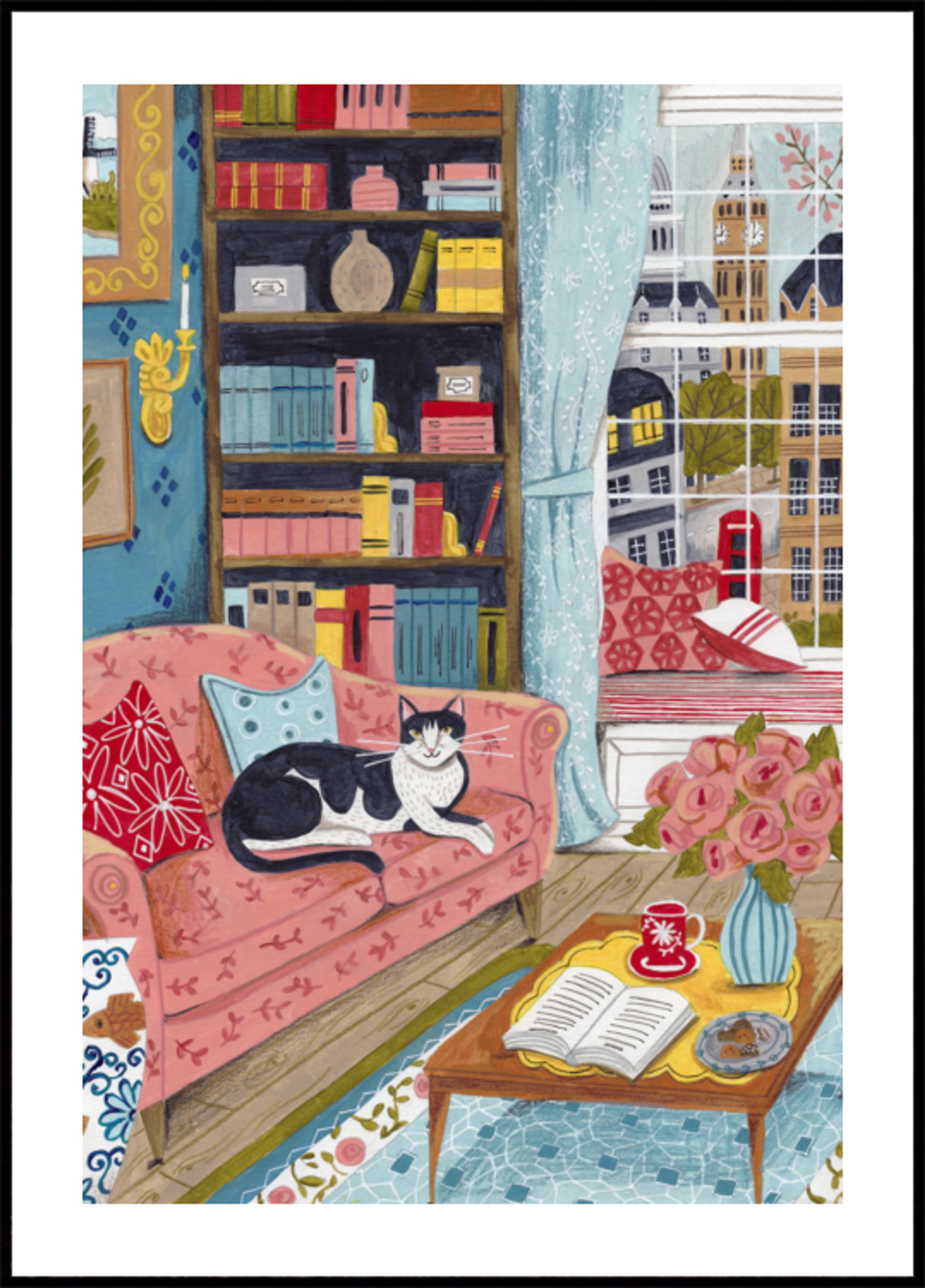 Katze auf Sofa in Londoner Pastellfarben