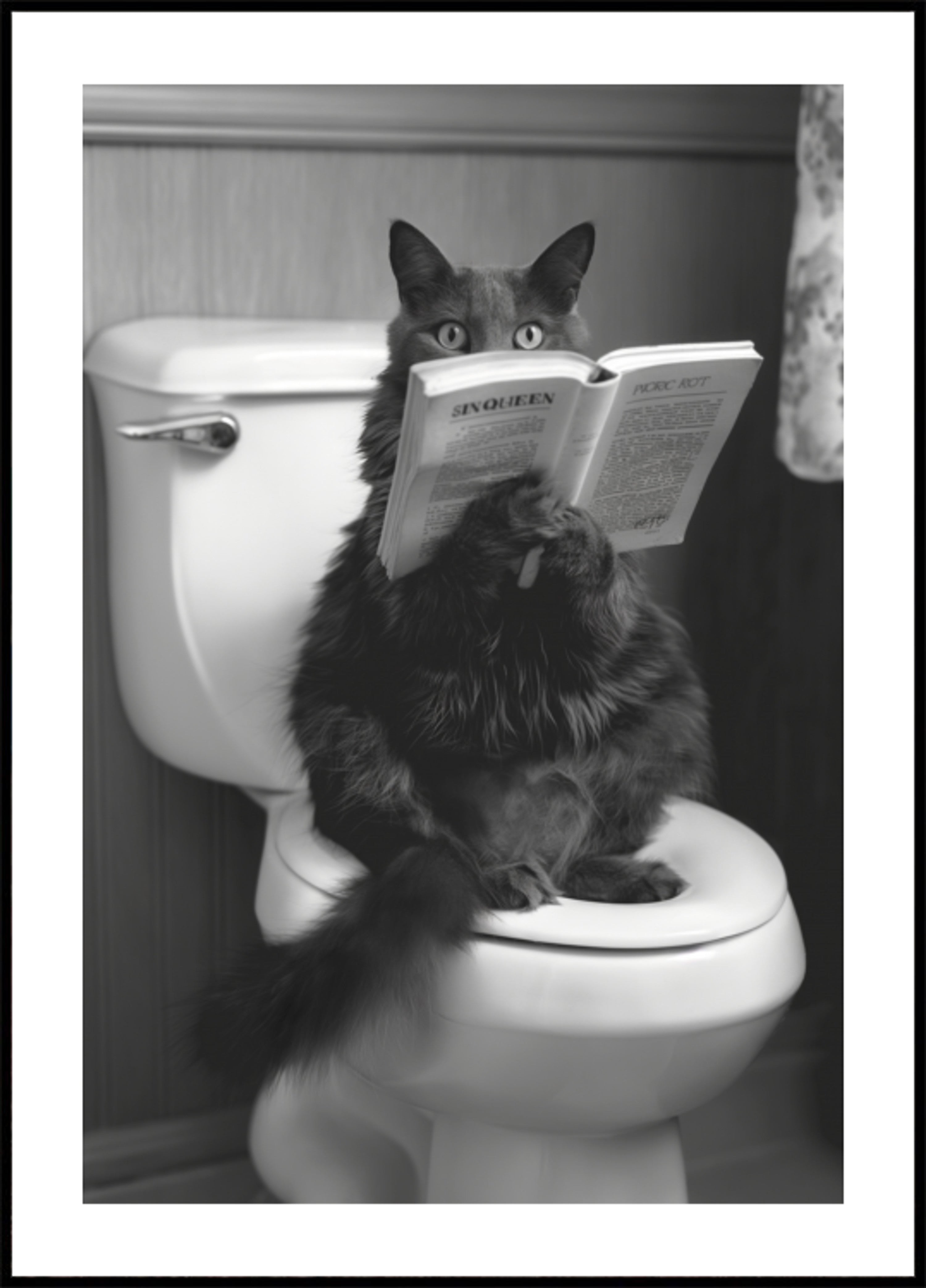 Katze liest auf der Toilette