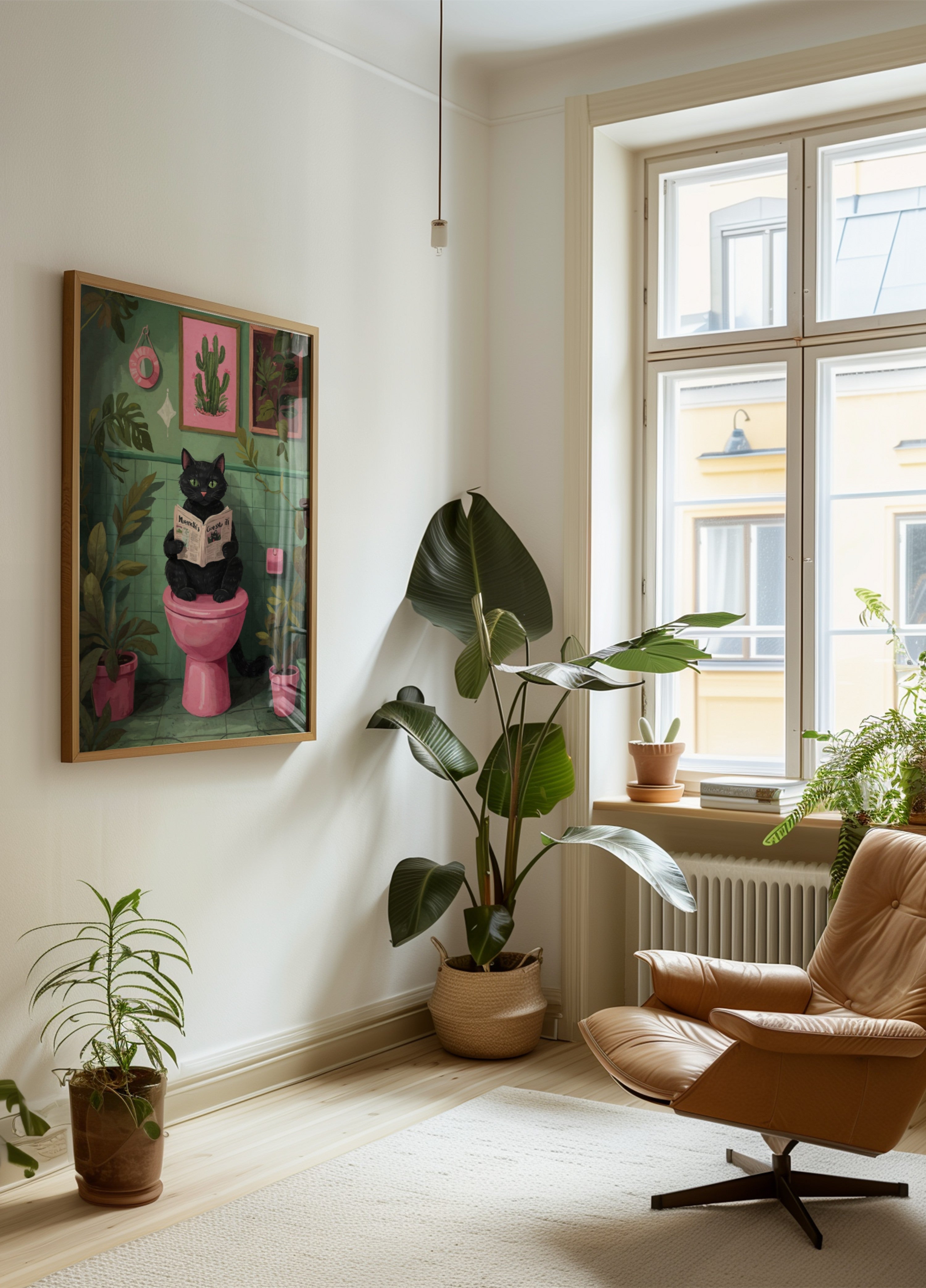 Katze liest im Badezimmer