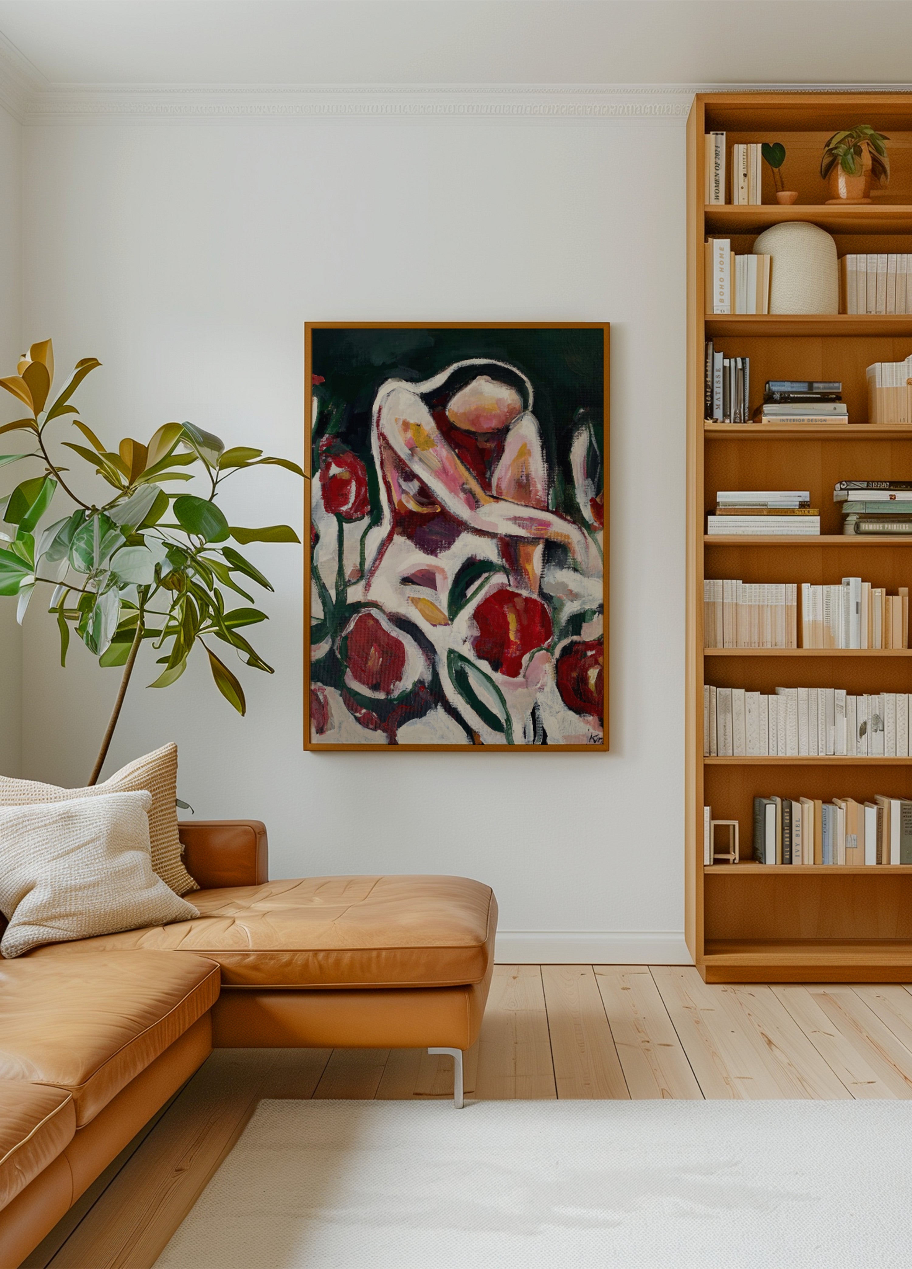 Frau unter roten Blumen