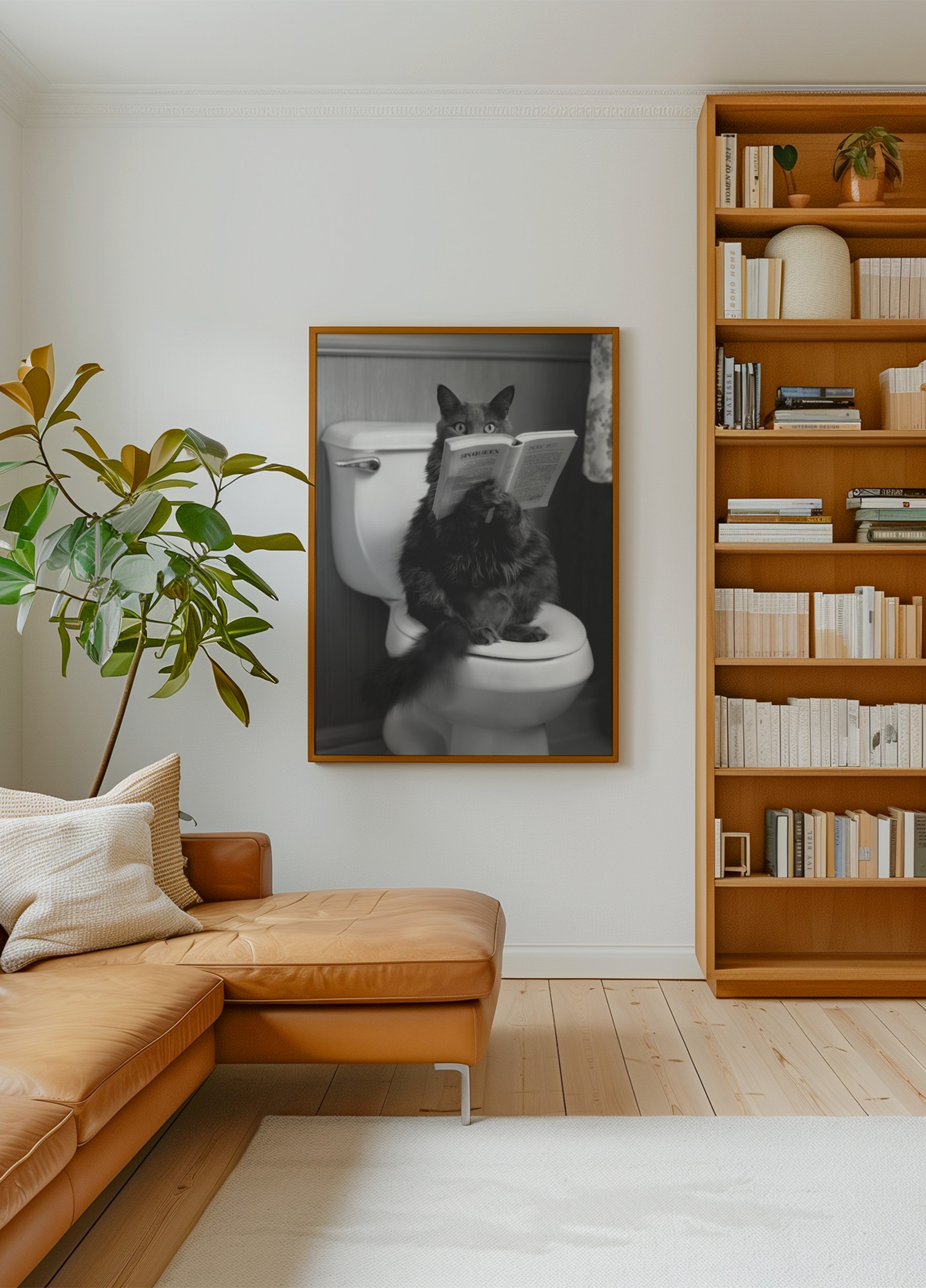 Katze liest auf der Toilette